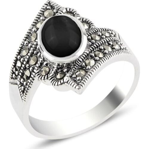 Silver 925 Sterling Onyx & Marcasite Ring