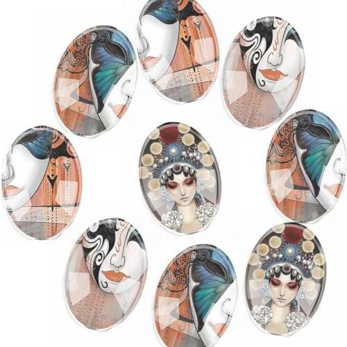 Handmade Glass Mixed Size Beijing Opera Mask Oval Flatback Cameo Cabochon Domed DIY Jewelry Charm Photo Pendant Setting
