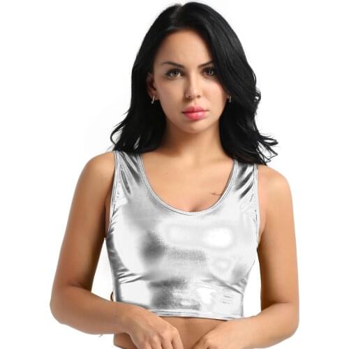 Womens Pole Dance Rave Crop Top Fashion Shiny Metallic Scoop Neck Tank Crop Top Vest Bustier Blouse Shirt Top for Rave Clothing