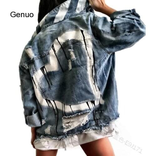 Womens Patchworkdenim Jacket Single Breasted Long Sleeve Hole Turn-Down Collar Plus Size Heart Print High Street Denim Coats