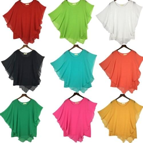 Plus Size S-6XL 2020 Bat Sleeve Shirt Women Summer O-Neck Elegant Casual chiffon shirt Female Tops Pleated Hem Women Clothing