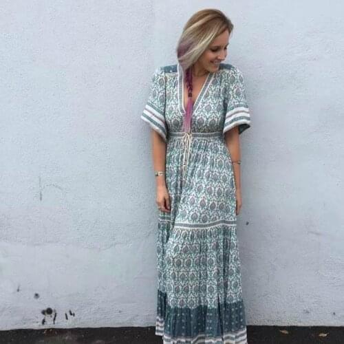 Women Floral Print Bat Sleeve Beach Long Bohemian Maxi Dress Ladies V Neck Tassel Summer Boho Ress Vestidos