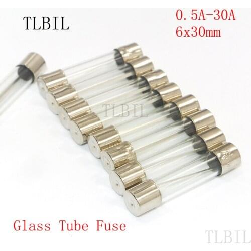 100pcs/lot Glass Tube Fuse 6x30mm 0.5A 1A 1.5A 2A 2.5A 3A 3.15A 4A 5A 6A 8A 10A 15A 20A 25A 30A / 250V Fast Quick Blow Fuses