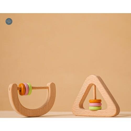 2 Pc/set Baby Teether Toys Wooden Rattle Beech Geometry Shape Hand Teething Wooden Ring Musical Chew Play Gym Montessori Toy