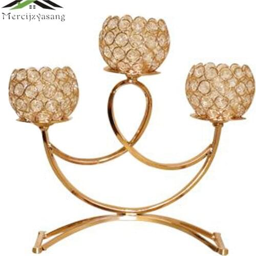 2PCS/LOT Metal Gold Candle Holders 3-Arms With Crystals 35CMx34CM Stands Pillar Candlestick For Wedding Portavelas Candelabra