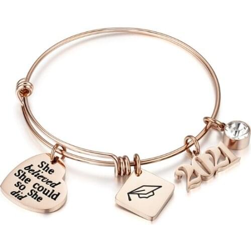 2021 Graduation Gifts Stainless Steel College High School Inspirational Pendant Charm Bracelet Adjustable Bangle Jewelry