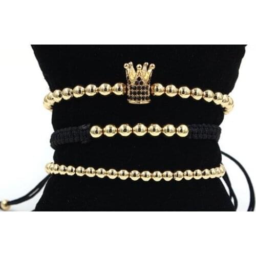 4mm 3PCS/Lot utu4 gold silver Copper cz zircon cubic zirconia elastic ball bead crown Punk Macrame Charm Bracelet Bangles