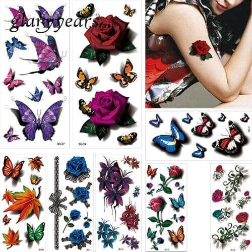 8 Pieces Temporary Tattoo Sticker Colorful 3D Butterfly Rose Flower Style Women Makeup Tool Body Art Tattoo Sticker Sexy Product