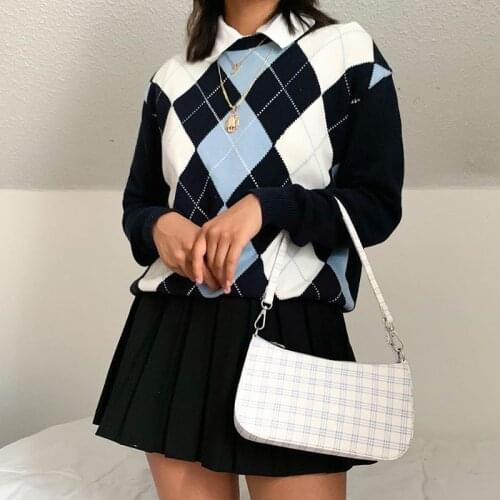 Allukasa Casual Argyle Plaid Autumn Winter Sweater y2k Female Pullover Long Sleeve Cropped Tops College Style Knitted Sweaters