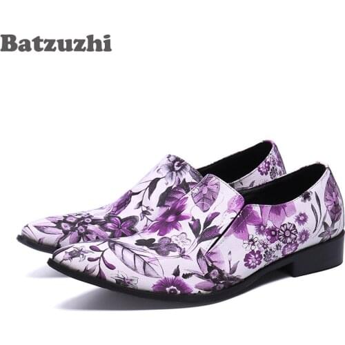 Batzuzhi Handmade Men Leather Shoes Pointed Toe Print Flowers Formal Leather Dress Shoes for Men Party and Wedding, Big Sizes