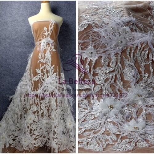 1 yard Stock off white/Beige/gray heavy big leaves beading handmade 3D flowers feather wedding/evening dress lace fabric