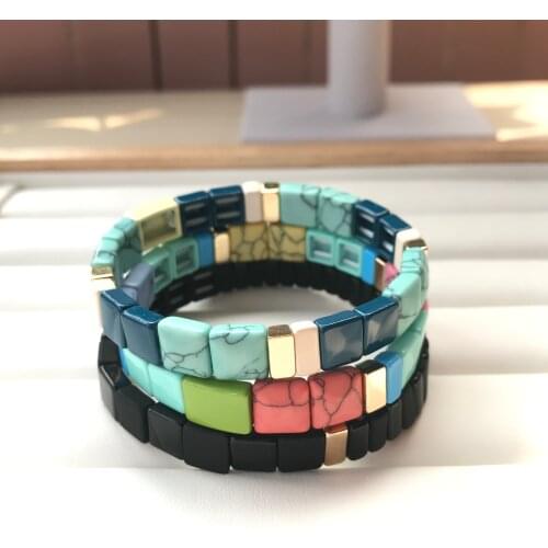 Turquoises Color Enamel Tile Bracelet,Square Tila Bead Stretch Bracelet,Painted Brass Pulseira Boho Fashion Women Jewelry QC2709