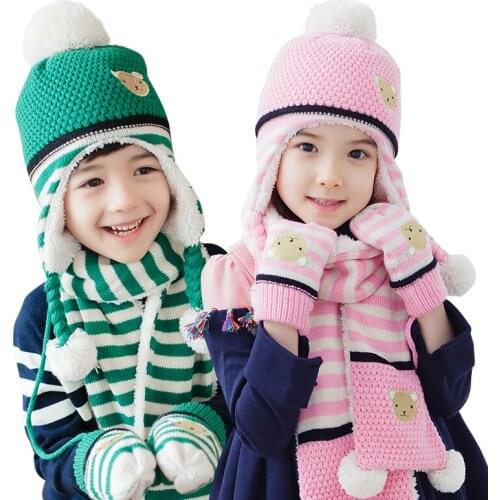 Childrens Winter Warm Hat Scarf Gloves 3pcs Boys Girls' Winter Wear Ear Protection Pompom Hat Babys Warm Colla Gloves B-8757