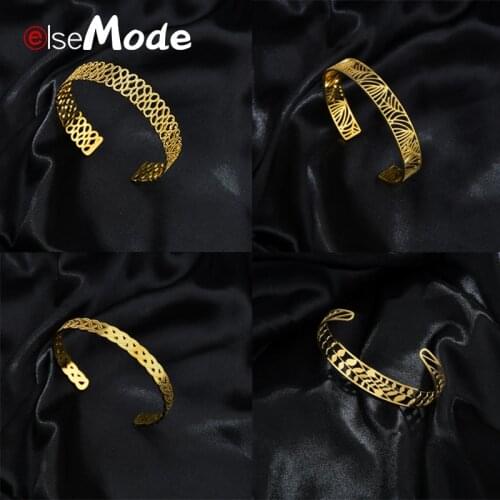 ELSEMODE Luxury Women Bangles Vintage Stainless Steel Wedding Bracelets Hollow Geometric Jewelry Engagement Gifts