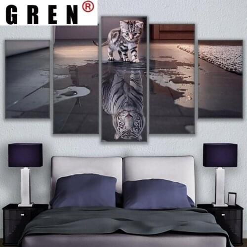 GREN 5 Panels Canvas Paintings HD Posters Prints Nordic Animal Cat New Cuadros Tiger Modula Wall Art Picture For Home Decor