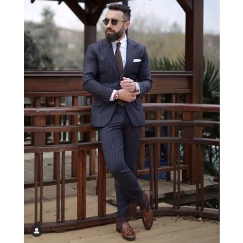Costume Homme Stripe Wedding Mens Suit Slim Fit Mens Tuxedo 2 Piece Formal Prom Groom Blazer Masculino Terno Jacket Pant
