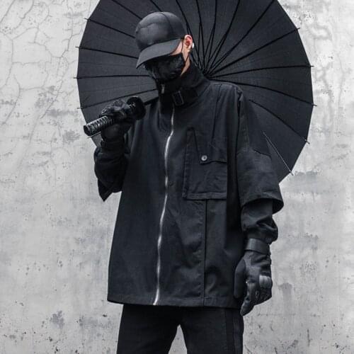 Fake Two Turtleneck Zipper Cargo Jacket Mens Autumn Jacket Windbreaker Jacket Coat Streetwear Oversized Loose Outwear Techwear