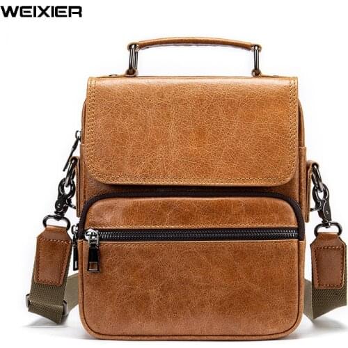 WEIXIER Mens Genuine Leather Shoulder Bags Crossbody Bag Men Handbags Capacity Soft Leather Bag Male Messenger Bags Tote Bags
