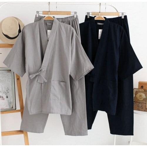 Spring and Autumn Mens Japanese Kimono Cotton Double Gauze Pajamas Thin Sweat-steaming Suit Yukata Home Service Costume Homme