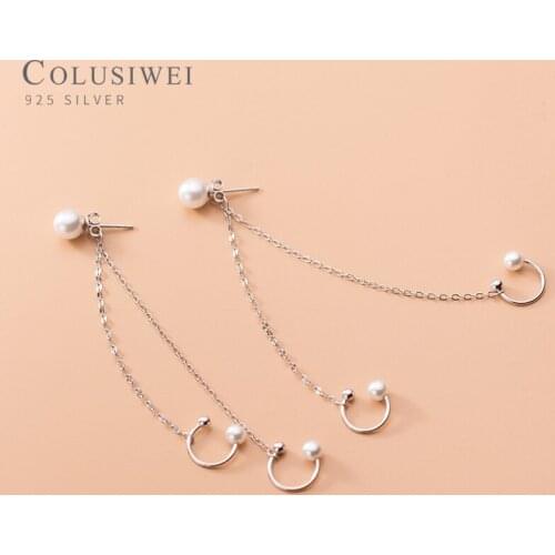 Colusiwei New Fashion 925 Sterling Silver Double Chain C Shape Tassel Clips Earring for Women Pearl Earring Fine Jewelry Bijoux