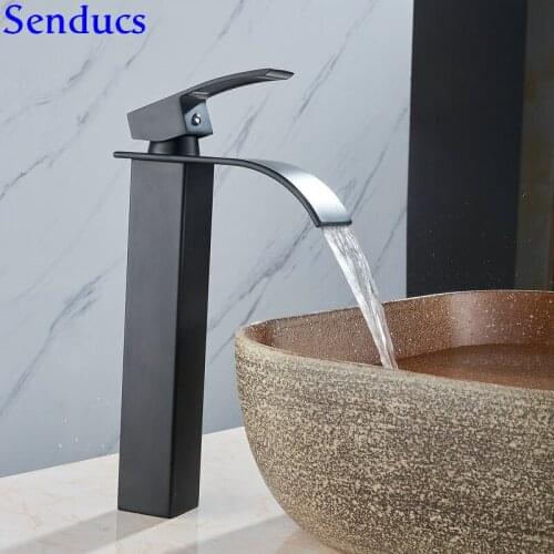Senducs Square Black Bathroom Basin Mixer Tap Deck Mounted Hot Cold Bathroom Water Tap Quality Brass Black Basin Faucet