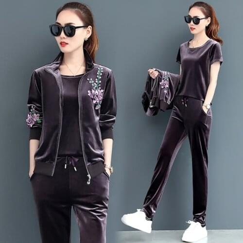 Velvet Tracksuit Women 3 Piece Set Autumn Winter Clothes 2021 Jacket Short Sleeve T-shirt Pants Jogging Suit Velour Womens Sets