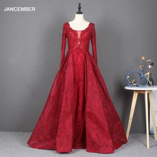 YY274 JANCEMBER New Long Sleeve O-neck Rhinestone Red Evening Dress Socialite Temperament Annual Meeting Dinner Host Women Gown