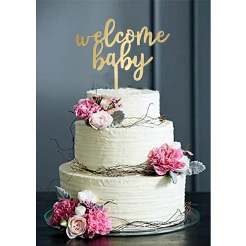 Mirror gold acrylic cake topper Welcome Baby Cake Topper, Baby Shower or Gender Reveal Party Decorations (Gold)