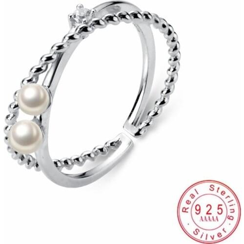 WANTME Luxury Double Crossed Pearl Rings for Women Real 100% 925 Sterling Silver Wedding Ring Fashion Jewelry For Any Party