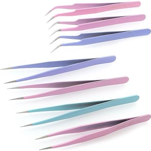 1~2pcs Colorful Stainless Steel Tweezers Bend/Straight Industrial Anti-static Cross Eyebrow Tweezers Sewing &Accessories Tools