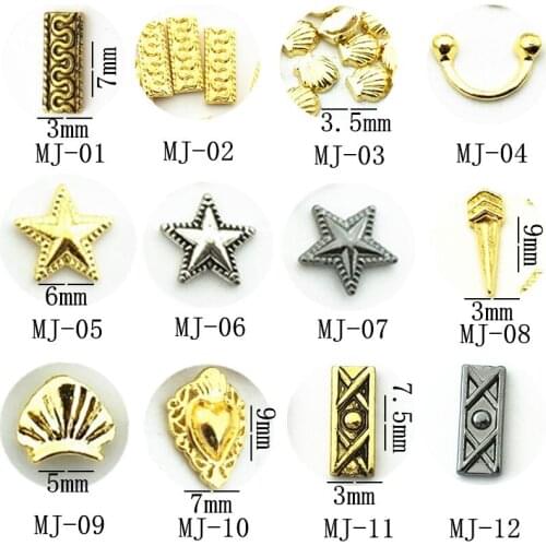 50pcs/pack metal nail art rectangle shell pentagram star heart awl smile 3d jewelry gel nails sticker decoration art tools