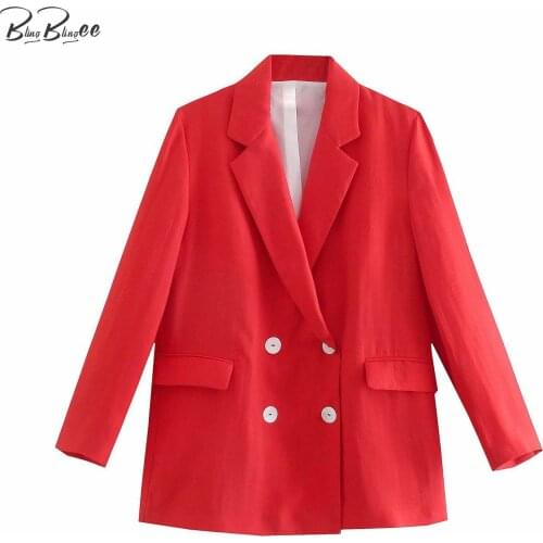 BlingBlingee Za 2021 Autumn Woman Casual Blazers Traf Notched Collar Flap Pockets Double Breasted Loose Jacket Red Long Coats
