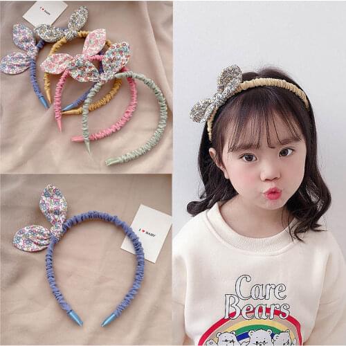 Kids Cute Cloth Flowers Printed Hairband Fashion Baby Girls Rabbit Ears Bowknot Headband Hair Hoops Hair Accessories