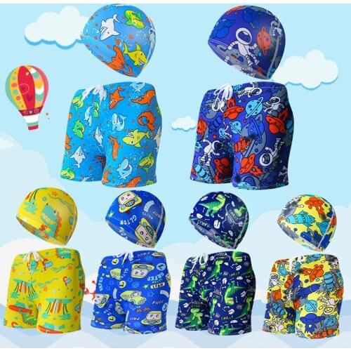 Childrens Swimming Trunks, Summer Boys' Swimming Trunks, Cute Cartoon Boxer Beach Shorts with Swimming Cap Set