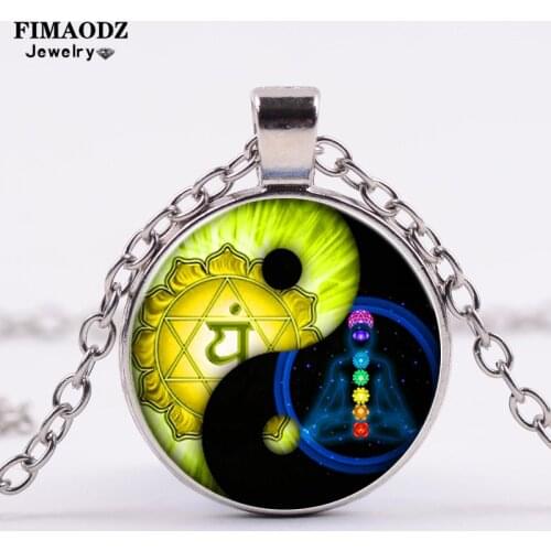 FIMAODZ Yin Yang Necklace Men Women Glass Cabochon Lotus OM Yoga 7 Chakras Taoism Yin and Yan Pendant Necklaces Cat Paw Jewelry