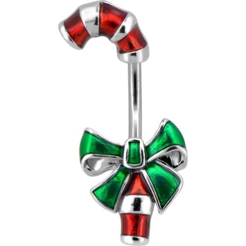 Body Punk 14g Crutch Bow Belly Button Rings Christmas Navel Rings Green Red Enamel Belly Piercing Body Jewelry