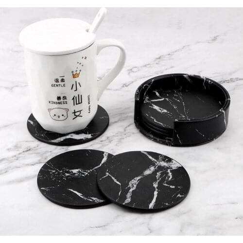 Creative Marble Coaster Drink Coffee Cup Mat Tea Pad Placemats Anti-Slip Heat Insulated Table Placemats PU Leather 6PCS