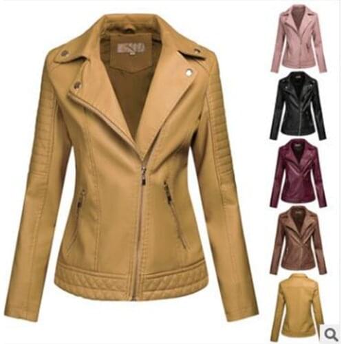 High Quality Fashion Temperament Elegant Women/Girl PU Imitation Leather Lapel Inclined Zipper Side Pocket Iocomotive Jacket 2XL