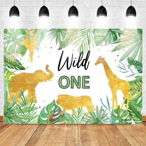 Mehofoto Wild One Birthday Backdrop Jungle Animals Party Photo Background Gold Safari Tropical Leaves Backdrops for Boy Birthday