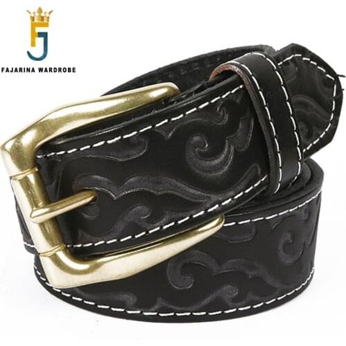 FAJARINA Fashion Flower Pattern Cow Skin Leather Belt Mens Retro Brass Clasp Buckle Cowhide Mens Black Belts for Men N17FJ535