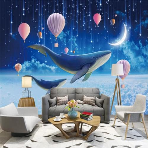 Custom Childrens Room Wall Paper 3D Blue Fantasy Starry Ocean Whales Mural Wallpaper for Kids Room Wall Papers Home Decor