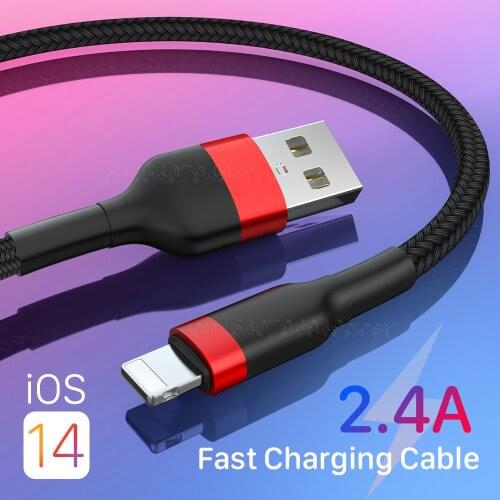 Nylon USB Cable for iPhone 12 11 Pro Max Xs X 8 7 6s 2.4A Fast Charging Cable for iPhone Charger Cable USB Data Cable 0.3/1/2M