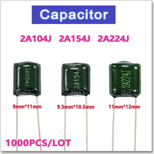 1000PCS Polyester poly Film 100V 2A104J 2A154J 2A224J 104J 154J 224J 5% 2A GREEN DIP 0.1UF 0.15UF 0.22UF 100NF 150NF 220NF
