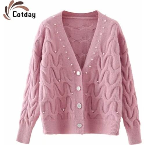 Cotday Casual Thick Solid 2021 Womens Winter Sweaters Red Coat Pink Irregular Needle Jackets Domed Pearl Korean Sweaters
