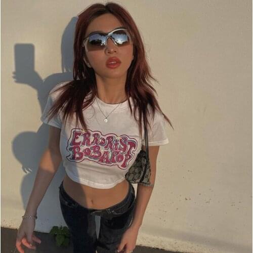 Letter Print y2k Women Short Sleeve T Shrit Crop Top O Neck Bodycon Sexy Streetwear Casual 2021 Summer Clothes Cute