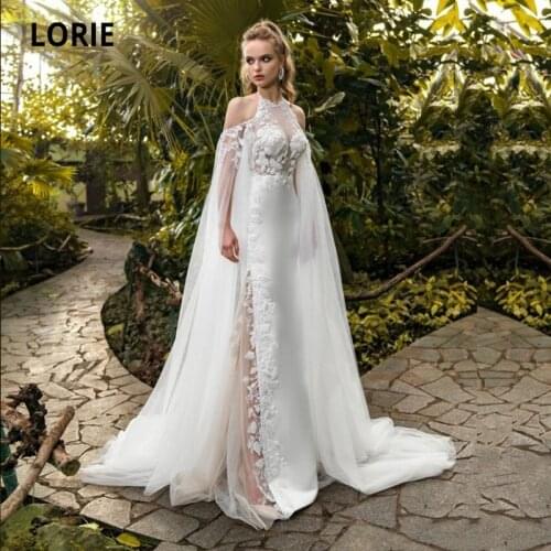 LORIE Boho Wedding Dresses Halter Appliques Lace Cap Long Sleeves Mermaid Wedding Gown Side Split Soft Satin Tulle Bridal Dress