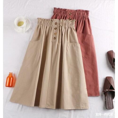 Women Summer Skirt With Pocket Girls Elegant Casual Solid High Waist A-Line Midi Skirts