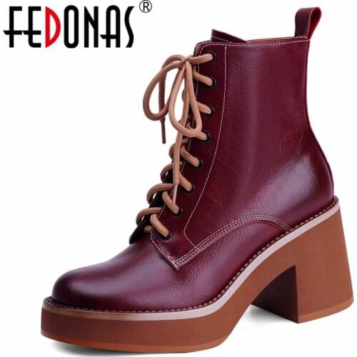 FEDONAS Mature Retro Concise Women Ankle Boots Popular High Heels Autumn Winter Genuine Leather Cross-Tied Casual Shoes Woman