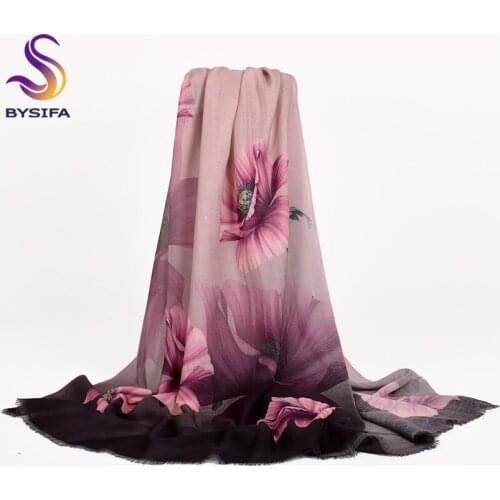 [BYSIFA] Ladies Purple Scarves Foulard New Floral Design 100% Wool Cashmere Scarves Fall Winter Women Wool Scarf Shawl 190*75cm