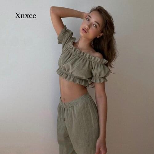 Summer Womens Torticollis Sexy Trouser Suit Cotton Pajamas Suit Womens Ruffled Suit 2-Piece Autumn Pajamas